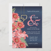 Gold Heart and Coral Flowers Wedding Invitations (Front)