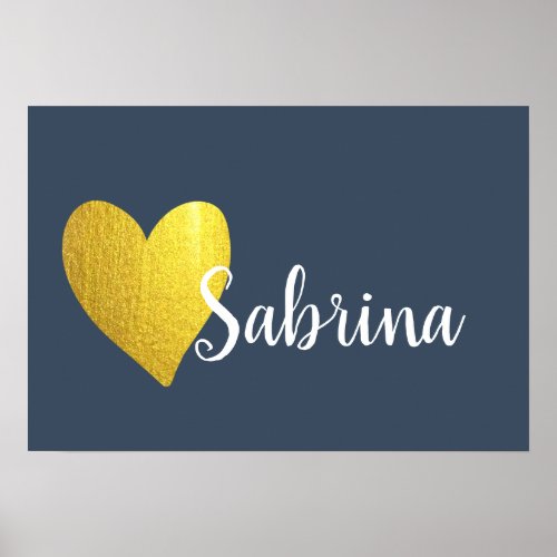 Gold Heart and Navy Personalized Cursive Poster