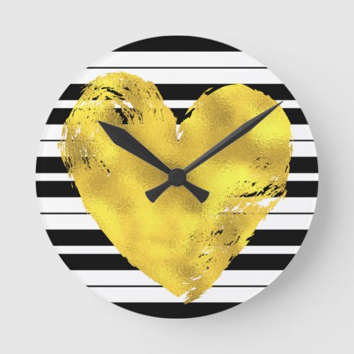 Gold Heart and Stripes Round Clock