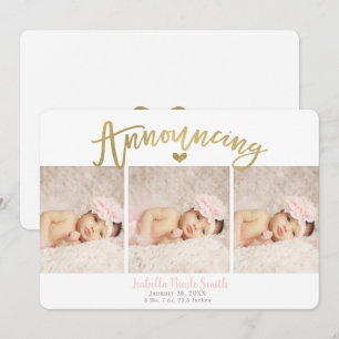 Gold Heart Baby Girl Birth Announcement 3 Photos