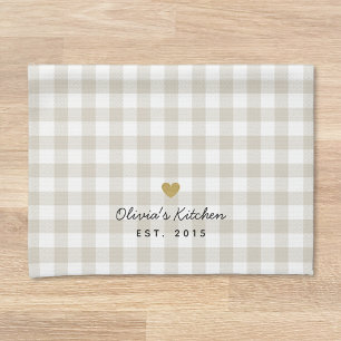 Gold Heart Beige Buffalo Check Custom Name Gift Kitchen Towel
