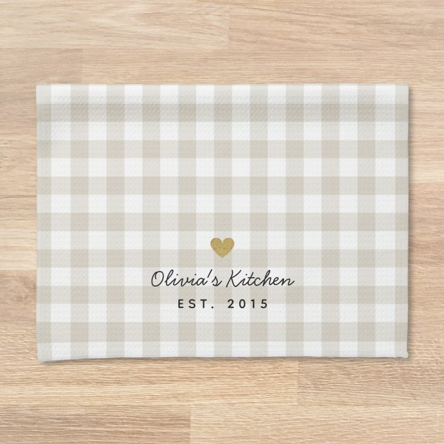 Gold Heart Beige Buffalo Check Custom Name Gift Kitchen Towel (Creator Uploaded)