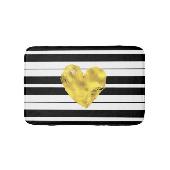 Gold Heart, Black and White Stripes Bathroom Mat (Front)