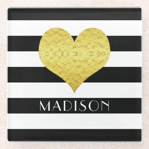 Gold Heart Black White Stripes Pattern Name Glass Coaster