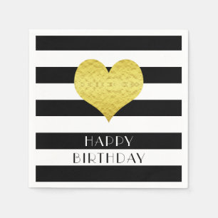 Gold Heart Black White Stripes Pattern Name Napkins