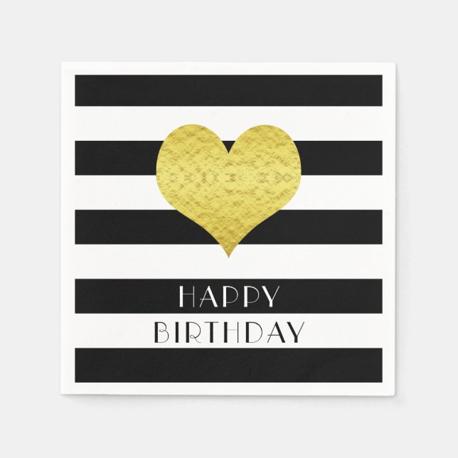 Gold Heart Black White Stripes Pattern Name Napkins (Front)