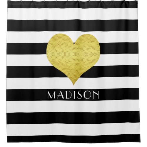 Gold Heart Black White Stripes Pattern Name Shower Curtain