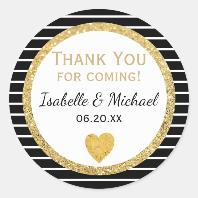 Gold Heart, Black & White Stripes Wedding Stickers (Front)