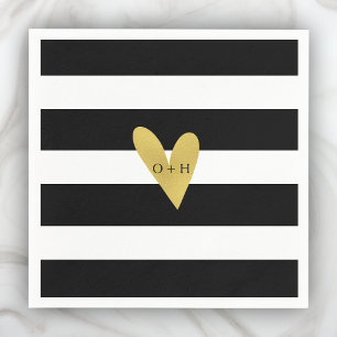 Gold Heart Black White Wedding Paper Napkin