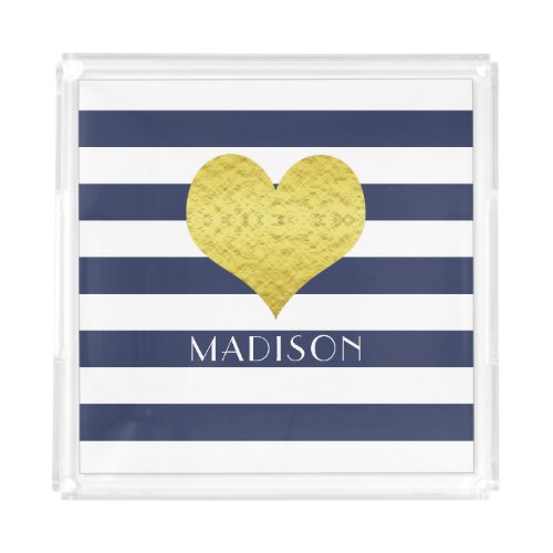 Gold Heart Blue And White Striped Pattern Name Acrylic Tray