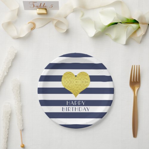 Gold Heart Blue And White Stripes Happy Birthday Paper Plates