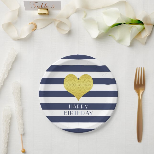 Gold Heart Blue And White Stripes Happy Birthday Paper Plates (Wedding)