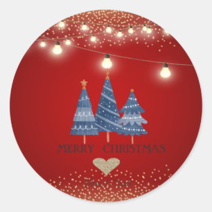 Gold Heart,Blue Christmas Trees,String Lights Classic Round Sticker