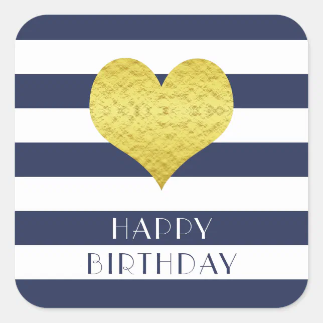 Gold Heart Blue Stripes Happy Birthday Square Sticker | Zazzle