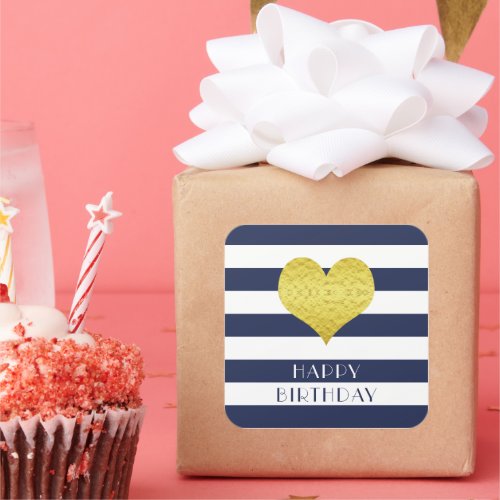 Gold Heart Blue White Stripe Happy Birthday Square Sticker