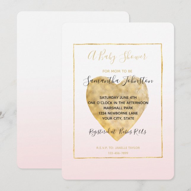 Gold Heart Blush Pink Ombre Baby Shower Invitation (Front/Back)