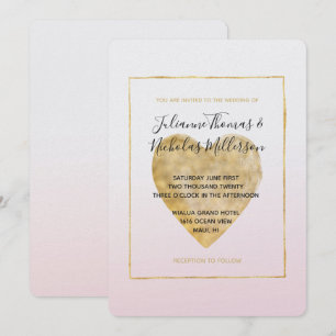 Gold Heart Blush Pink Ombre Wedding Invitation