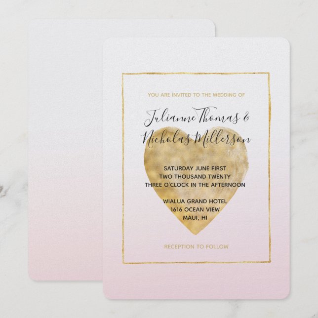 Gold Heart Blush Pink Ombre Wedding Invitation (Front/Back)