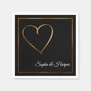 Gold Heart & Border with Names on Black Napkins