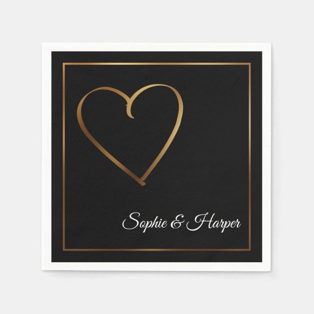 Gold Heart & Border with Names on Black Napkins (Front)