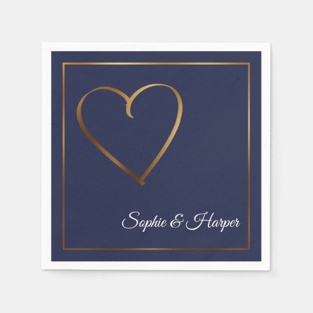 Gold Heart & Border with Names on Navy Blue Napkins (Front)
