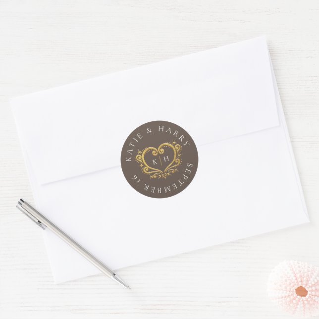 Gold heart brown wreath monogram wedding  classic round sticker (Envelope)