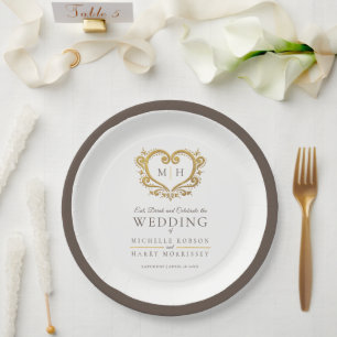 Gold heart brown wreath monogram wedding paper plates