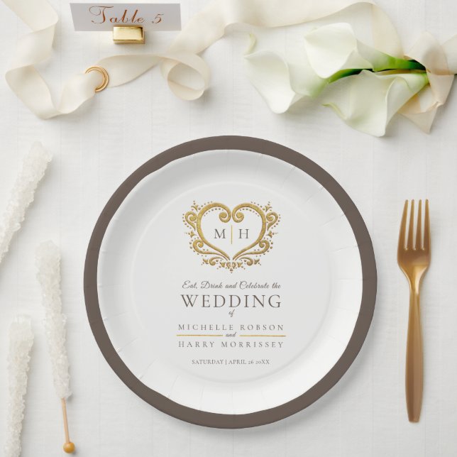 Gold heart brown wreath monogram wedding  paper plates (Wedding)