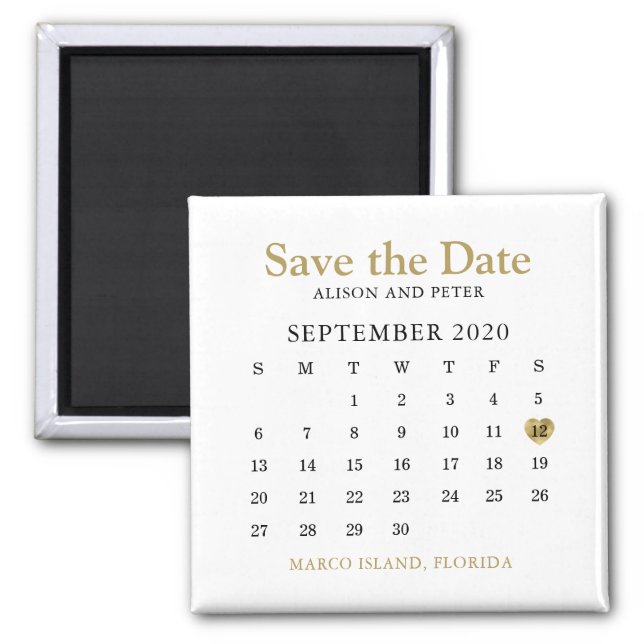 Gold Heart Calendar Wedding Save the Date Magnet (Front)