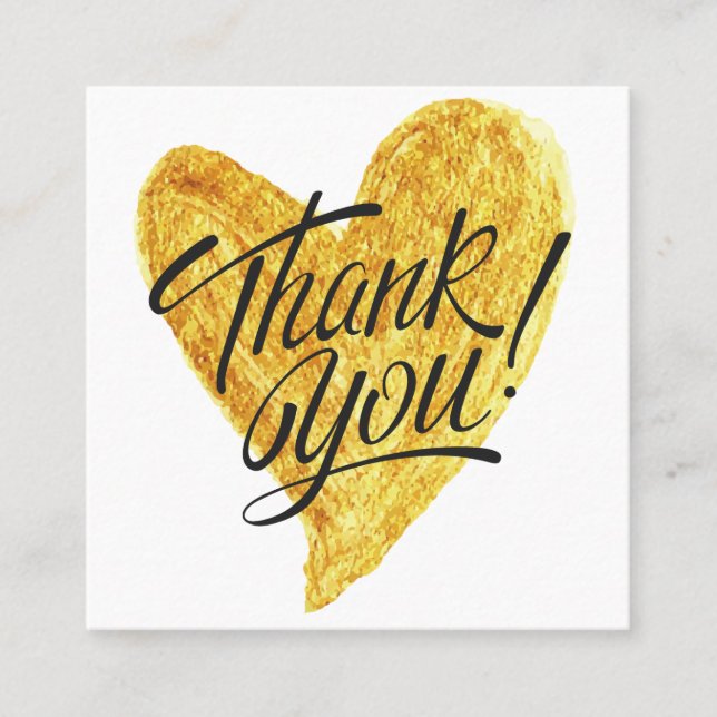 Gold Heart Calligraphy Discount Thank You Square Business Card (Front)