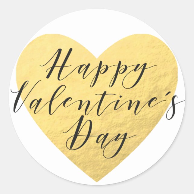Gold heart Callygraphy Happy Valentine's Day Classic Round Sticker (Front)