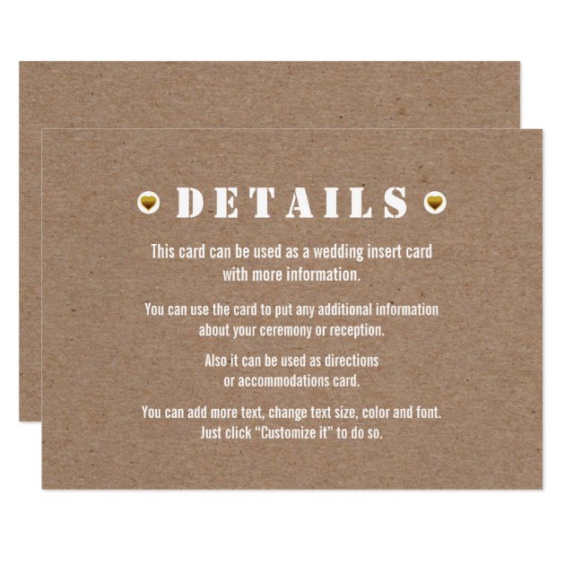 Gold Heart Cardboard Wedding Details Insert Card