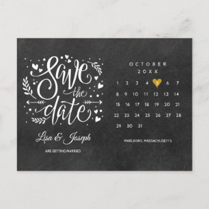Gold Heart Chalkboard Save the Date Calendar Announcement Postcard