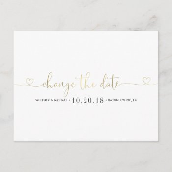 Gold Heart Change The Date Announcement Postcard by fancypaperie at Zazzle