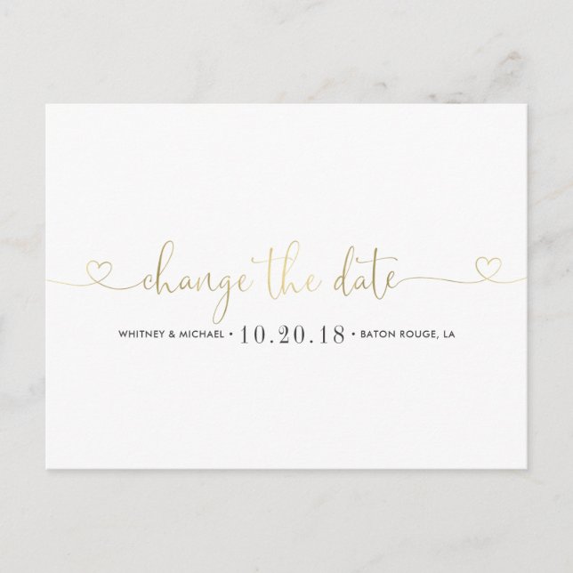 Gold Heart Change the Date Announcement Postcard (Front)