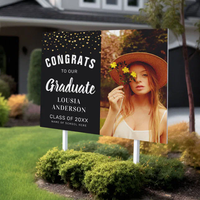 Gold Heart Confetti Congrats Graduation Photo Yard Sign | Zazzle