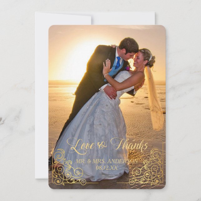 Gold Heart Confetti Photo Wedding Thank You (Front)