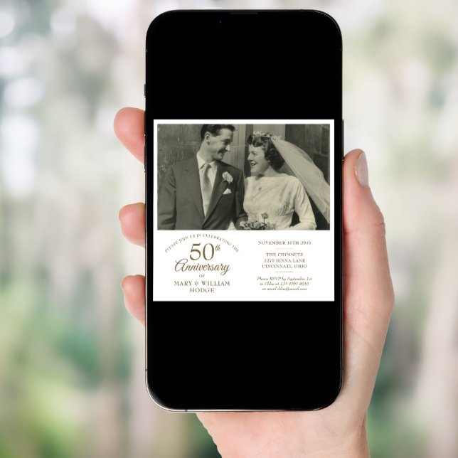 Gold Heart Confetti Wedding Photo 50th Anniversary Invitation (Front Digital)