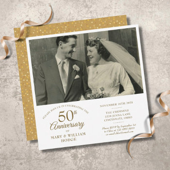 Gold Heart Confetti Wedding Photo 50th Anniversary Invitation by thisisnotmedesigns at Zazzle