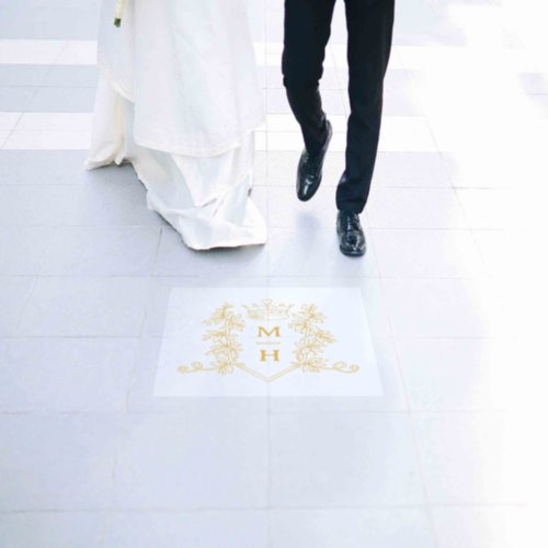 Gold heart crown crest leaves monogram wedding floor decals