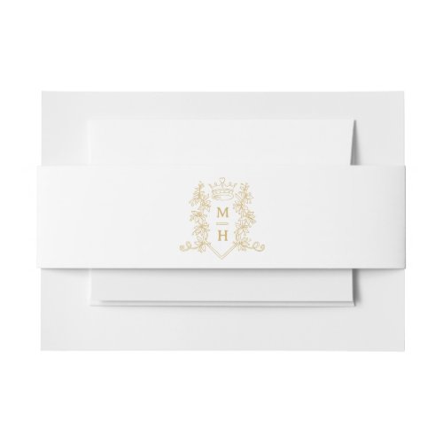 Gold heart crown crest leaves monogram wedding invitation belly band