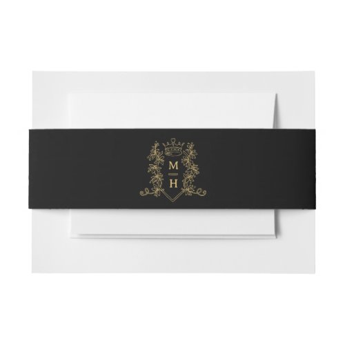 Gold heart crown crest monogram black wedding invitation belly band