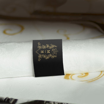 Gold Heart Crown Crest Monogram Black Wedding Napkin Bands by mylittleedenweddings at Zazzle