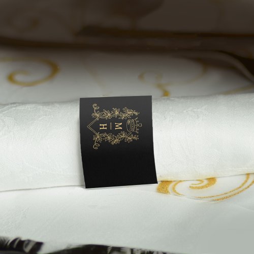 Gold heart crown crest monogram black wedding napkin bands