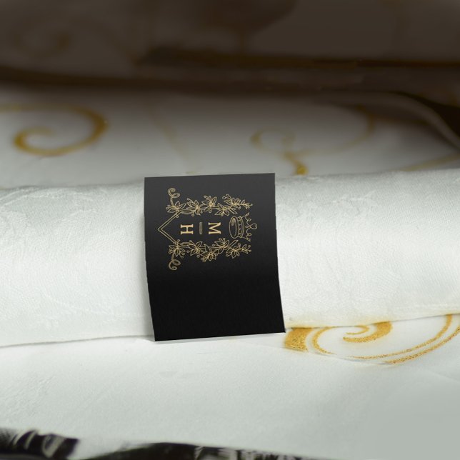 Gold heart crown crest monogram black wedding napkin bands (Creator Uploaded)