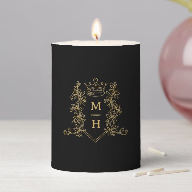 Gold heart crown crest monogram black wedding pillar candle (In Situ)