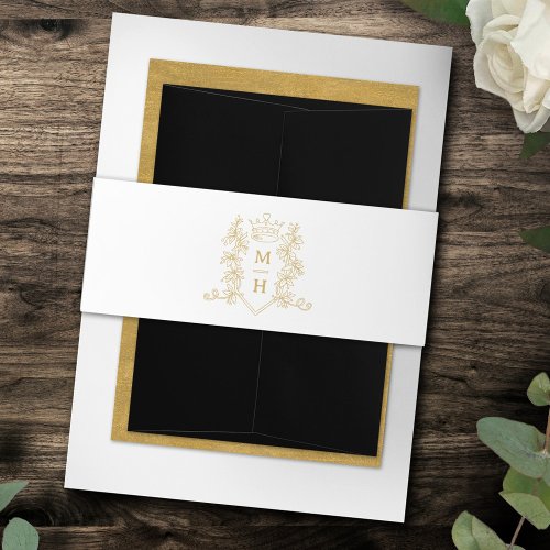 Gold heart crown crest monogram white wedding invitation belly band