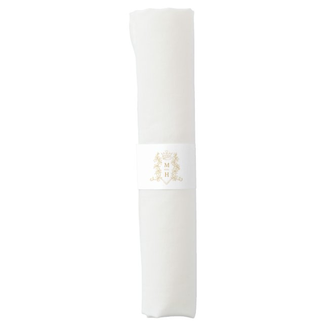 Gold heart crown crest monogram white wedding napkin bands (Front)