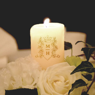 Gold heart crown crest monogram white wedding pillar candle