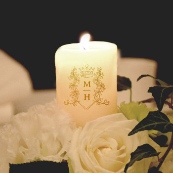 Gold Heart Crown Crest Monogram White Wedding Pillar Candle by mylittleedenweddings at Zazzle